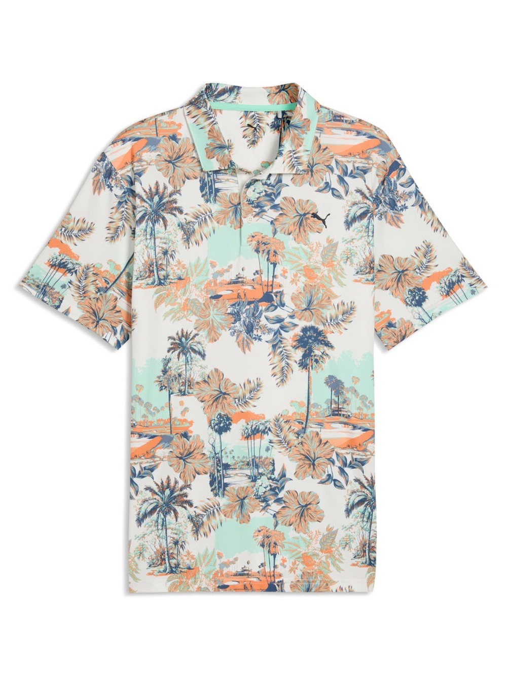 PUMA Men's Classic CLOUDSPUN Palm LC Golf Polo Large White Mint orange UPF 40 L